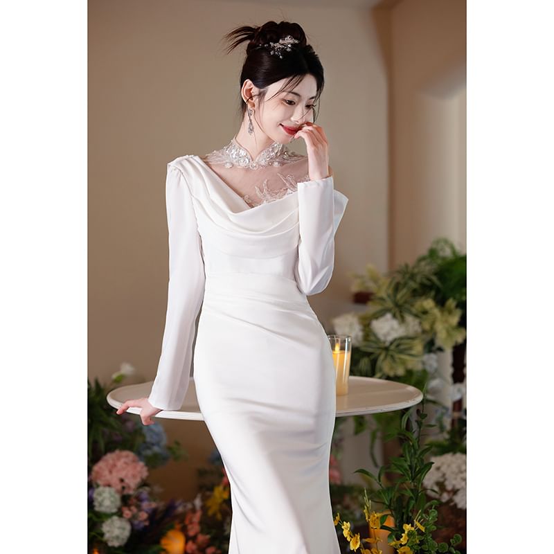 Long-Sleeve Open Back Plain Maxi Mermaid Dress