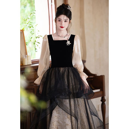 Long-Sleeve Square Neck Mesh A-Line Evening Gown