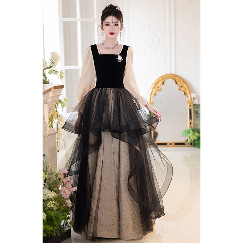 Long-Sleeve Square Neck Mesh A-Line Evening Gown