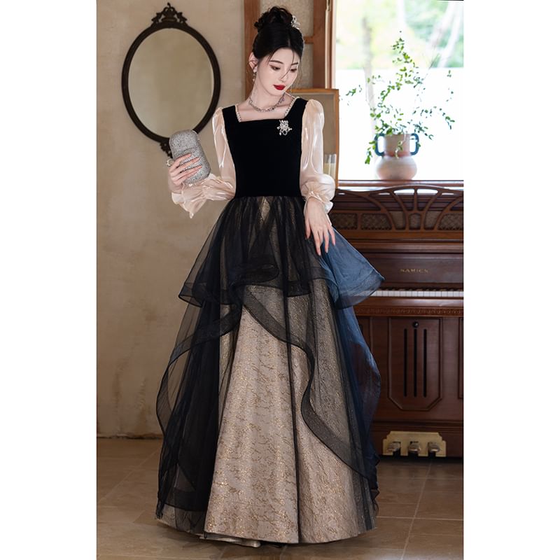 Long-Sleeve Square Neck Mesh A-Line Evening Gown