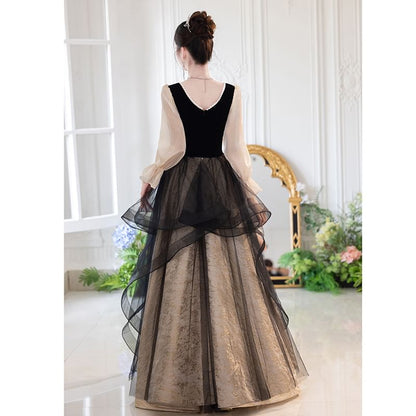 Long-Sleeve Square Neck Mesh A-Line Evening Gown