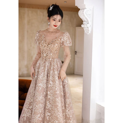 Short-Sleeve V-Neck Lace A-Line Evening Gown