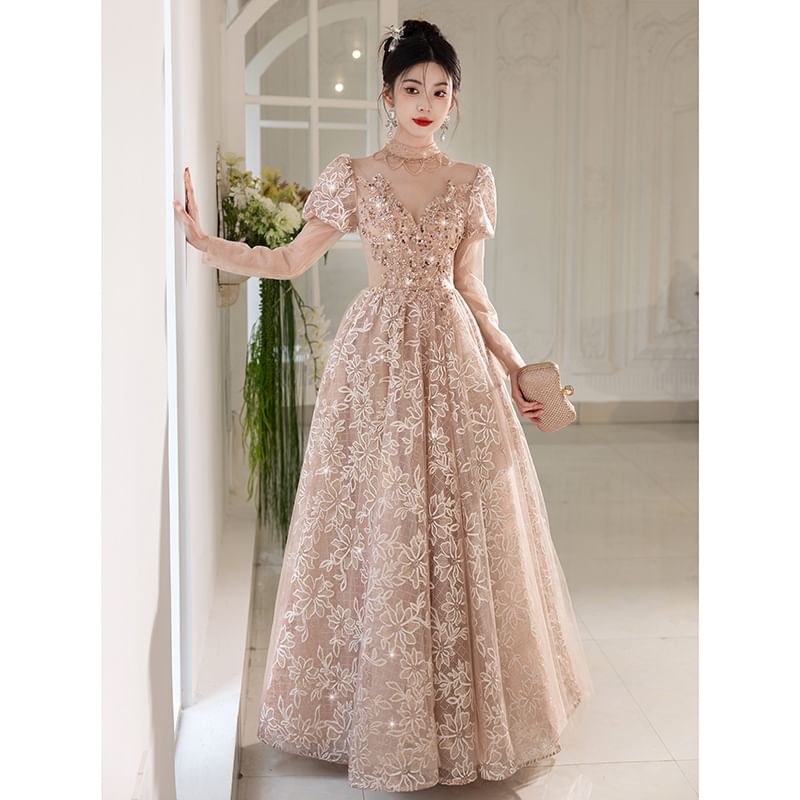 Short-Sleeve V-Neck Lace A-Line Evening Gown