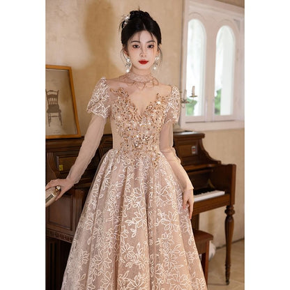 Short-Sleeve V-Neck Lace A-Line Evening Gown