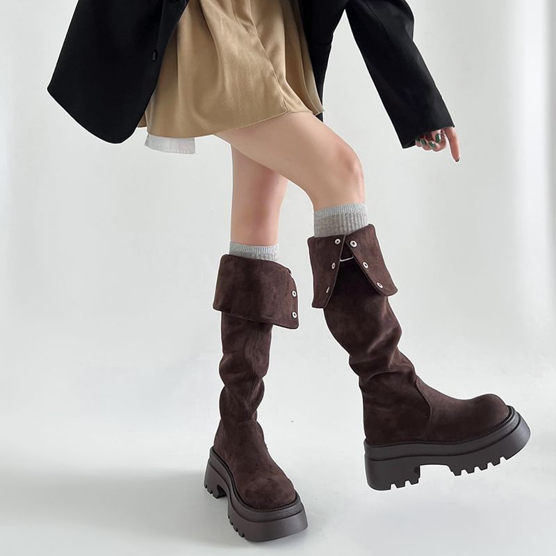The Faux Platform Boots Knee Button Over Buckled Suede