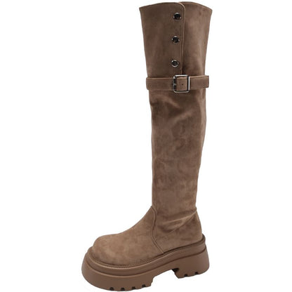 The Faux Platform Boots Knee Button Over Buckled Suede