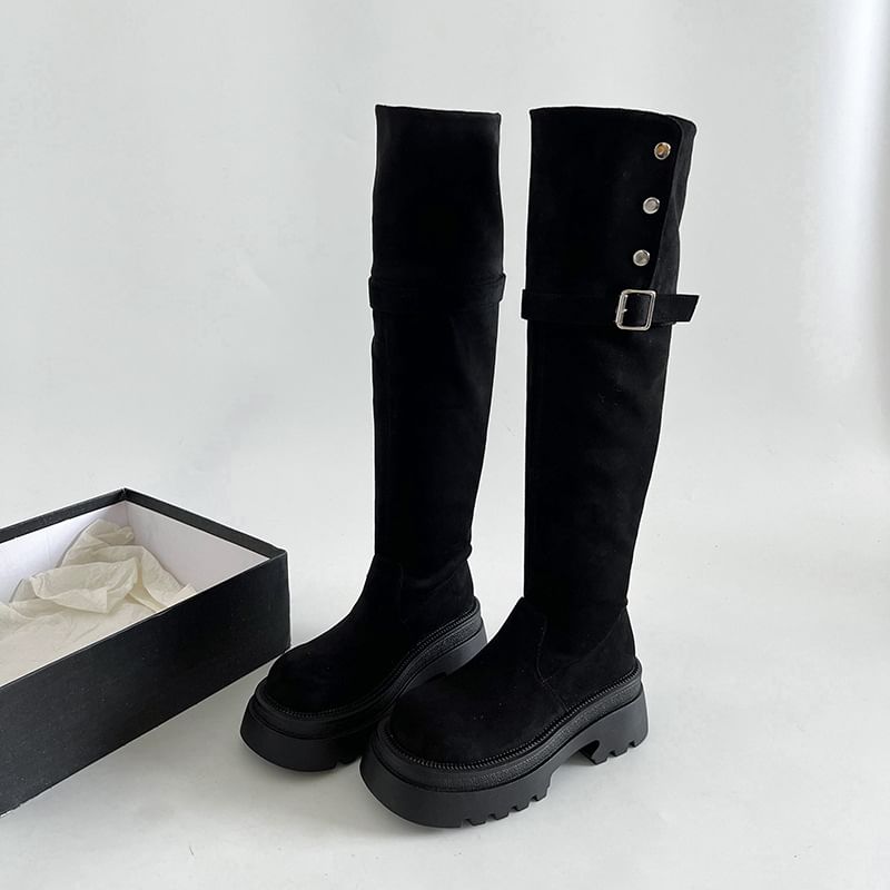 The Faux Platform Boots Knee Button Over Buckled Suede