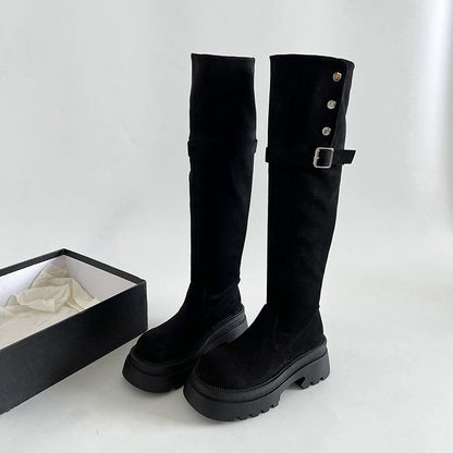 The Faux Platform Boots Knee Button Over Buckled Suede