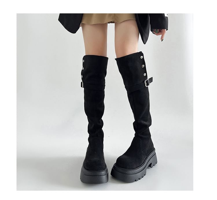 The Faux Platform Boots Knee Button Over Buckled Suede