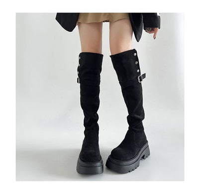 The Faux Platform Boots Knee Button Over Buckled Suede