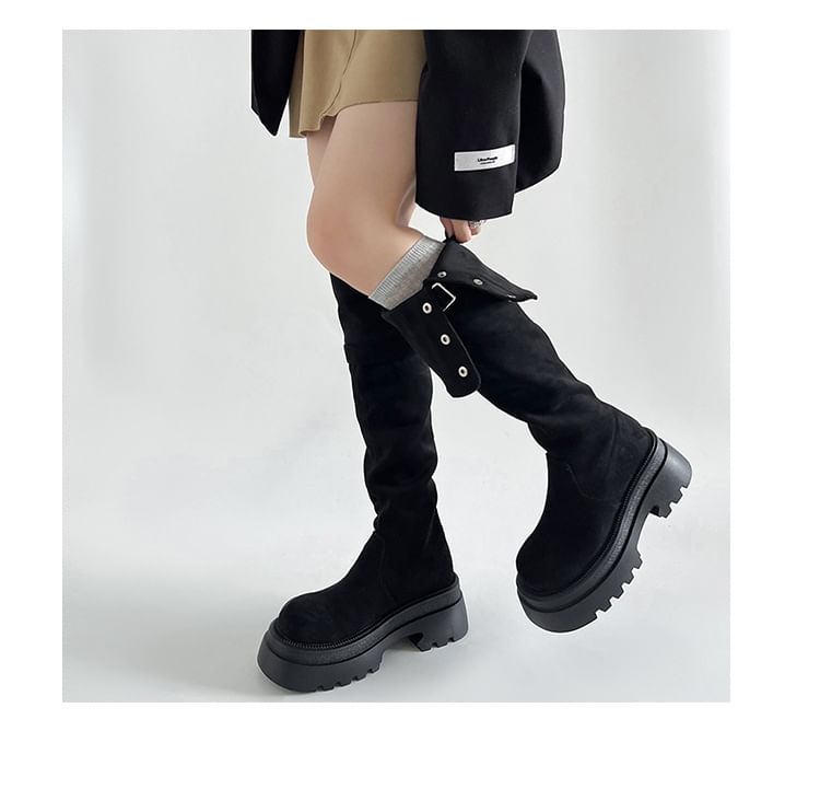 The Faux Platform Boots Knee Button Over Buckled Suede