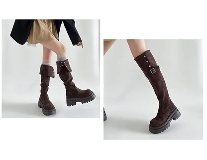 The Faux Platform Boots Knee Button Over Buckled Suede