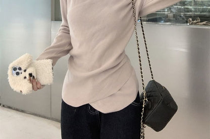 Long-Sleeve V-Neck Plain Asymmetrical Floral Accent Slim Fit Knit Top