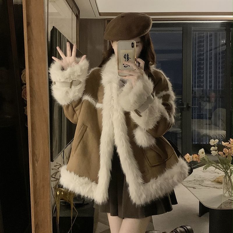 Fluffy Collar Button-Up Jacket