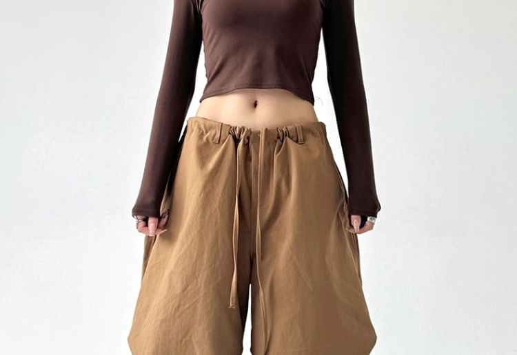 Drawstring Waist Plain Ruched Baggy Cargo Pants