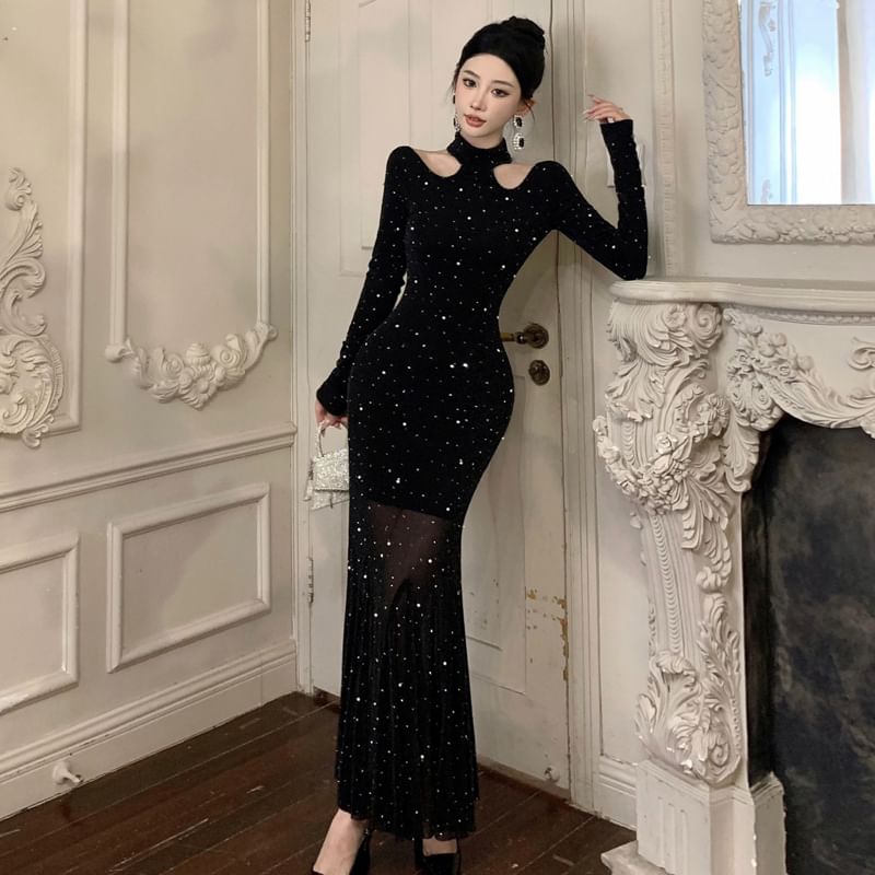 Long Sleeve Mock Neck Glitter Mermaid Evening Gown