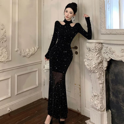 Long Sleeve Mock Neck Glitter Mermaid Evening Gown