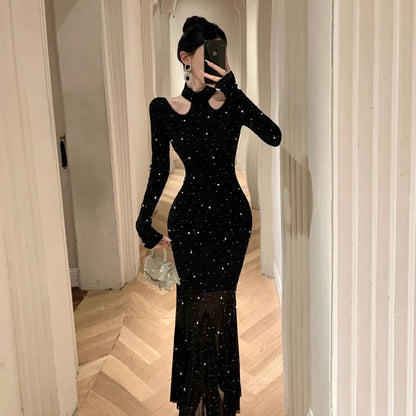 Long Sleeve Mock Neck Glitter Mermaid Evening Gown