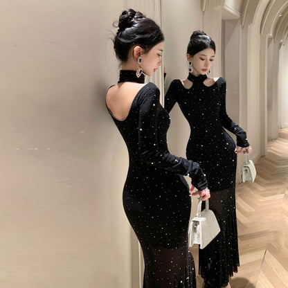 Long Sleeve Mock Neck Glitter Mermaid Evening Gown