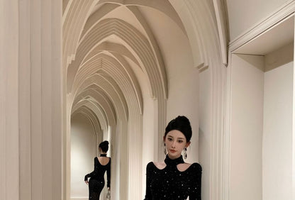 Long Sleeve Mock Neck Glitter Mermaid Evening Gown