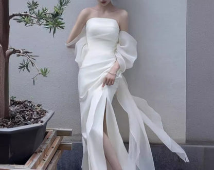 Off-Shoulder Plain Slit A-Line Evening Gown