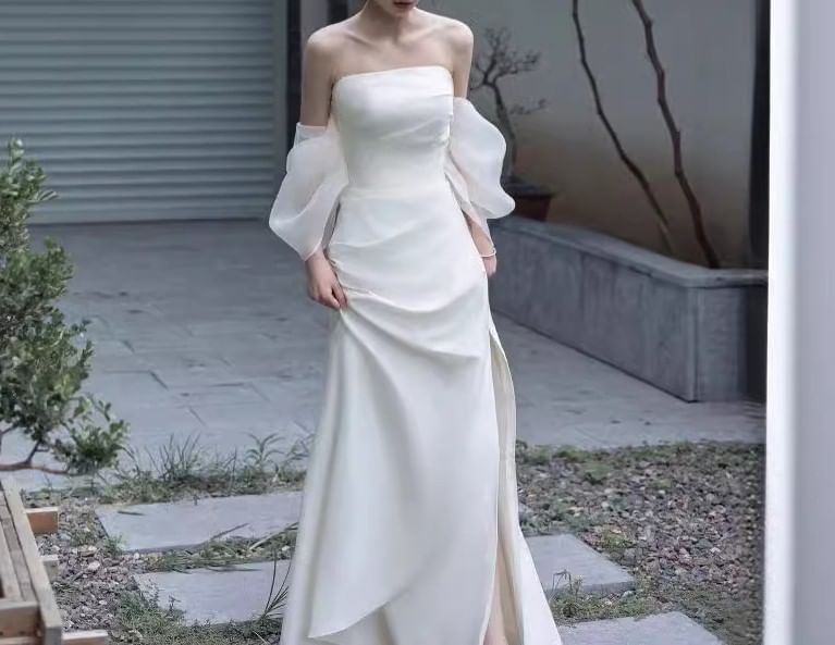 Off-Shoulder Plain Slit A-Line Evening Gown