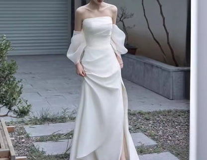 Off-Shoulder Plain Slit A-Line Evening Gown
