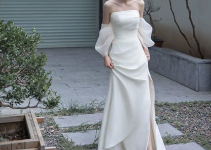 Off-Shoulder Plain Slit A-Line Evening Gown