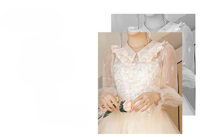 Evening Collar Gown A-Line Long-Sleeve Tulle Sequin