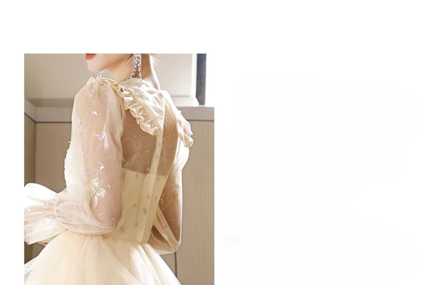 Evening Collar Gown A-Line Long-Sleeve Tulle Sequin