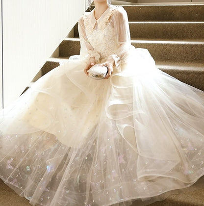 Evening Collar Gown A-Line Long-Sleeve Tulle Sequin
