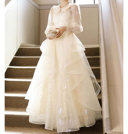 Evening Collar Gown A-Line Long-Sleeve Tulle Sequin