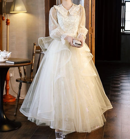 Evening Collar Gown A-Line Long-Sleeve Tulle Sequin