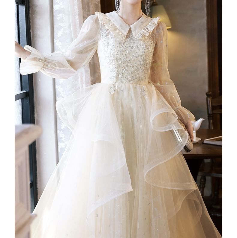 Evening Collar Gown A-Line Long-Sleeve Tulle Sequin