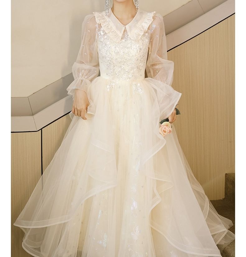 Evening Collar Gown A-Line Long-Sleeve Tulle Sequin