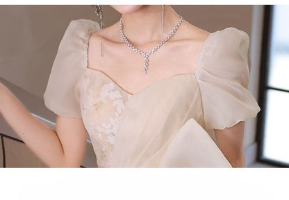 Gown Mesh Short-Sleeve Floral Evening Overlay A-Line Bow