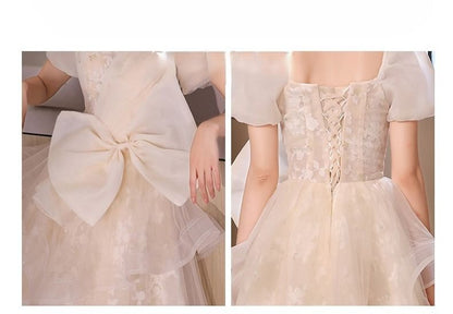 Gown Mesh Short-Sleeve Floral Evening Overlay A-Line Bow