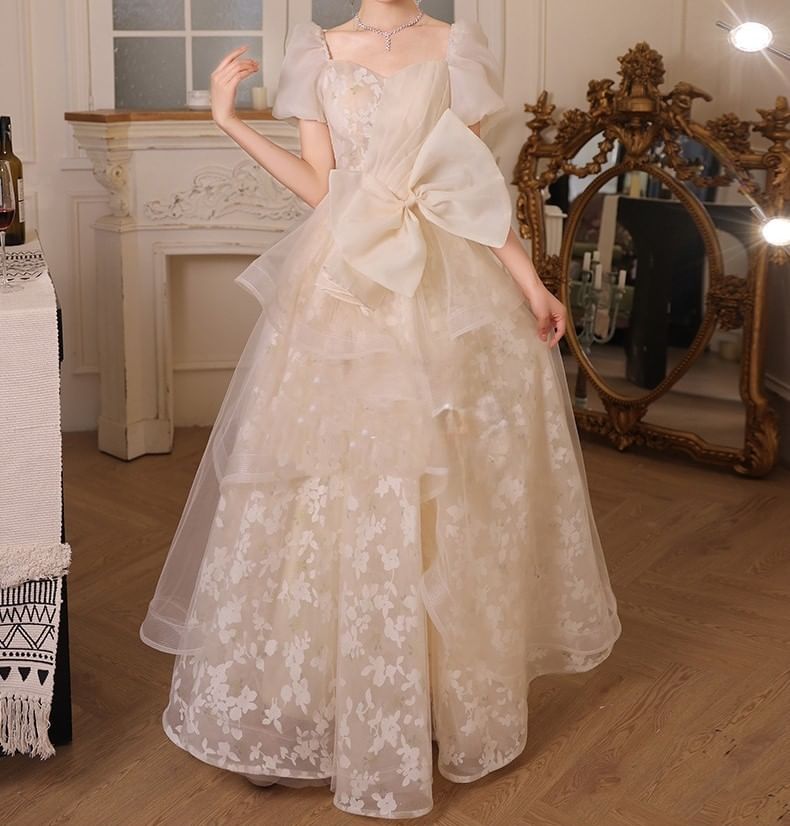 Gown Mesh Short-Sleeve Floral Evening Overlay A-Line Bow