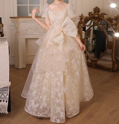 Gown Mesh Short-Sleeve Floral Evening Overlay A-Line Bow