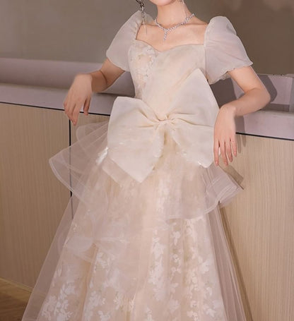 Gown Mesh Short-Sleeve Floral Evening Overlay A-Line Bow