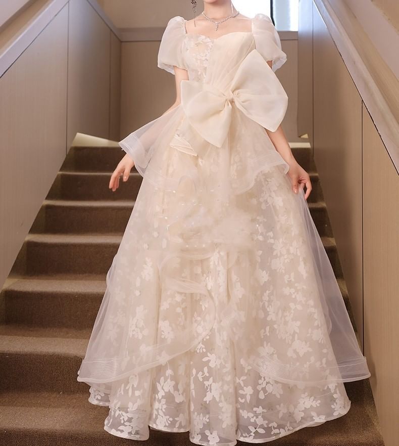 Gown Mesh Short-Sleeve Floral Evening Overlay A-Line Bow