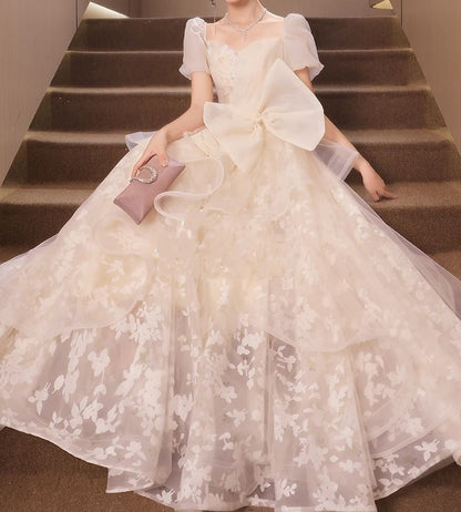 Gown Mesh Short-Sleeve Floral Evening Overlay A-Line Bow