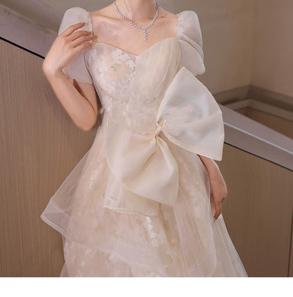 Gown Mesh Short-Sleeve Floral Evening Overlay A-Line Bow