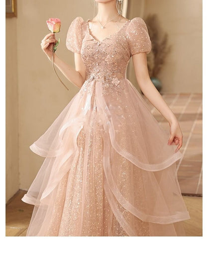 Short-Sleeve Sequin Tiered Floral Tulle Evening A-Line Gown