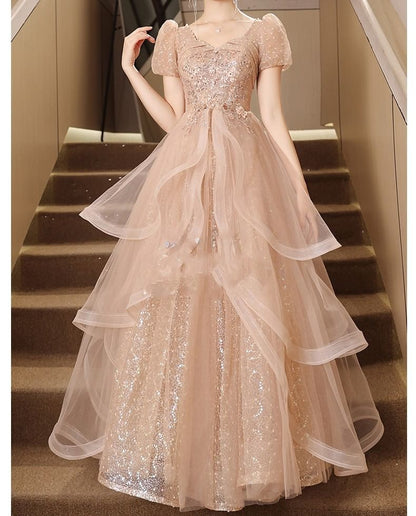 Short-Sleeve Sequin Tiered Floral Tulle Evening A-Line Gown