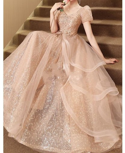 Short-Sleeve Sequin Tiered Floral Tulle Evening A-Line Gown