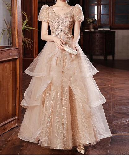 Short-Sleeve Sequin Tiered Floral Tulle Evening A-Line Gown