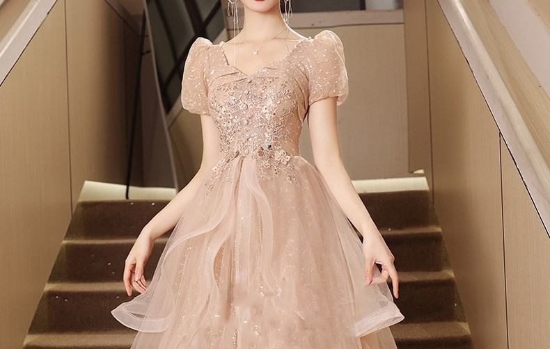 Short-Sleeve Sequin Tiered Floral Tulle Evening A-Line Gown