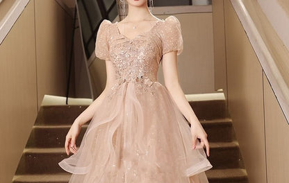 Short-Sleeve Sequin Tiered Floral Tulle Evening A-Line Gown