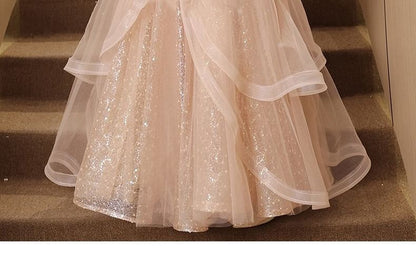 Short-Sleeve Sequin Tiered Floral Tulle Evening A-Line Gown